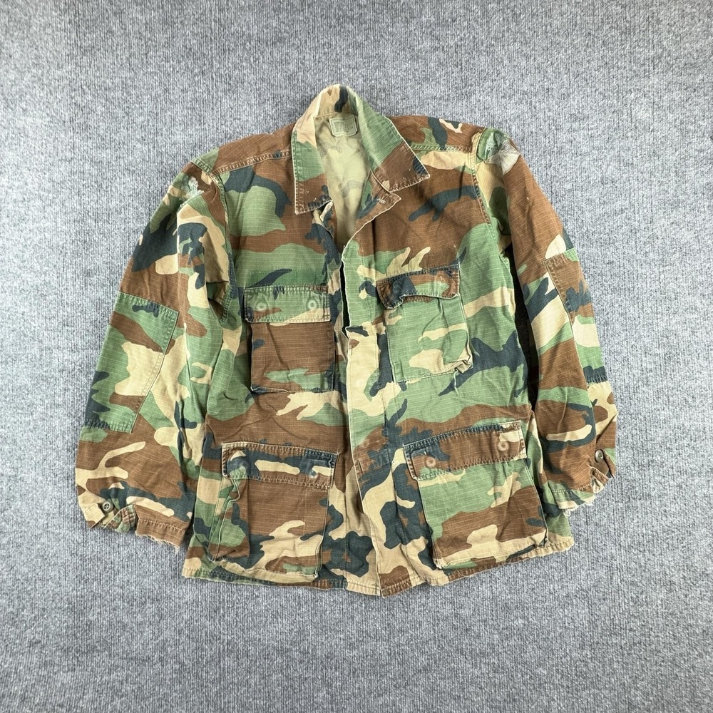 Woodland Camo Military Jacket Mens Medium Green Button Front Ripstop Field